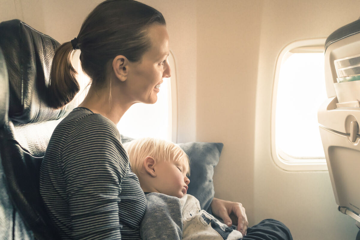 Mother and child flying in a plane
