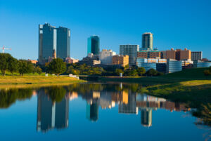 City skyline view over lake