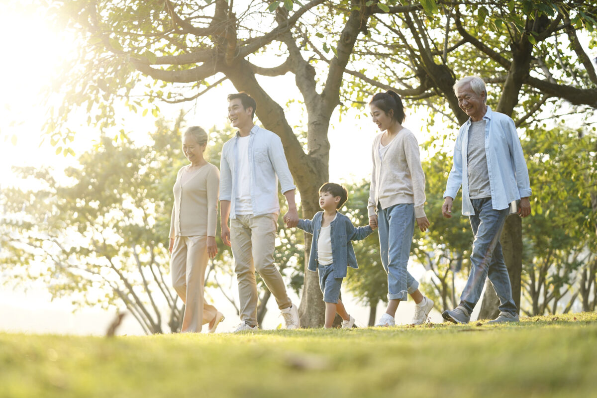 Generational family walking in a park