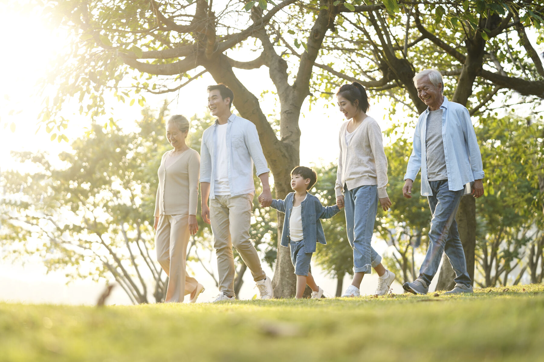 Generational family walking in a park