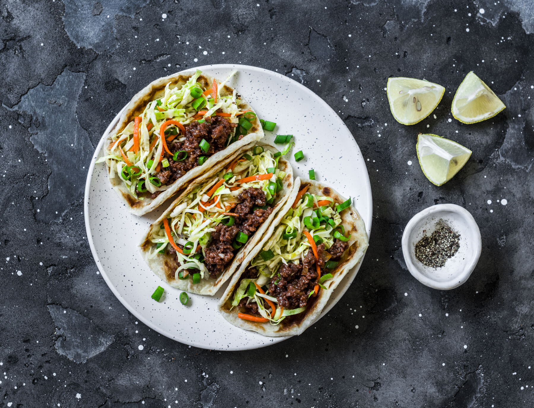 Tacos on a plate, high angle view