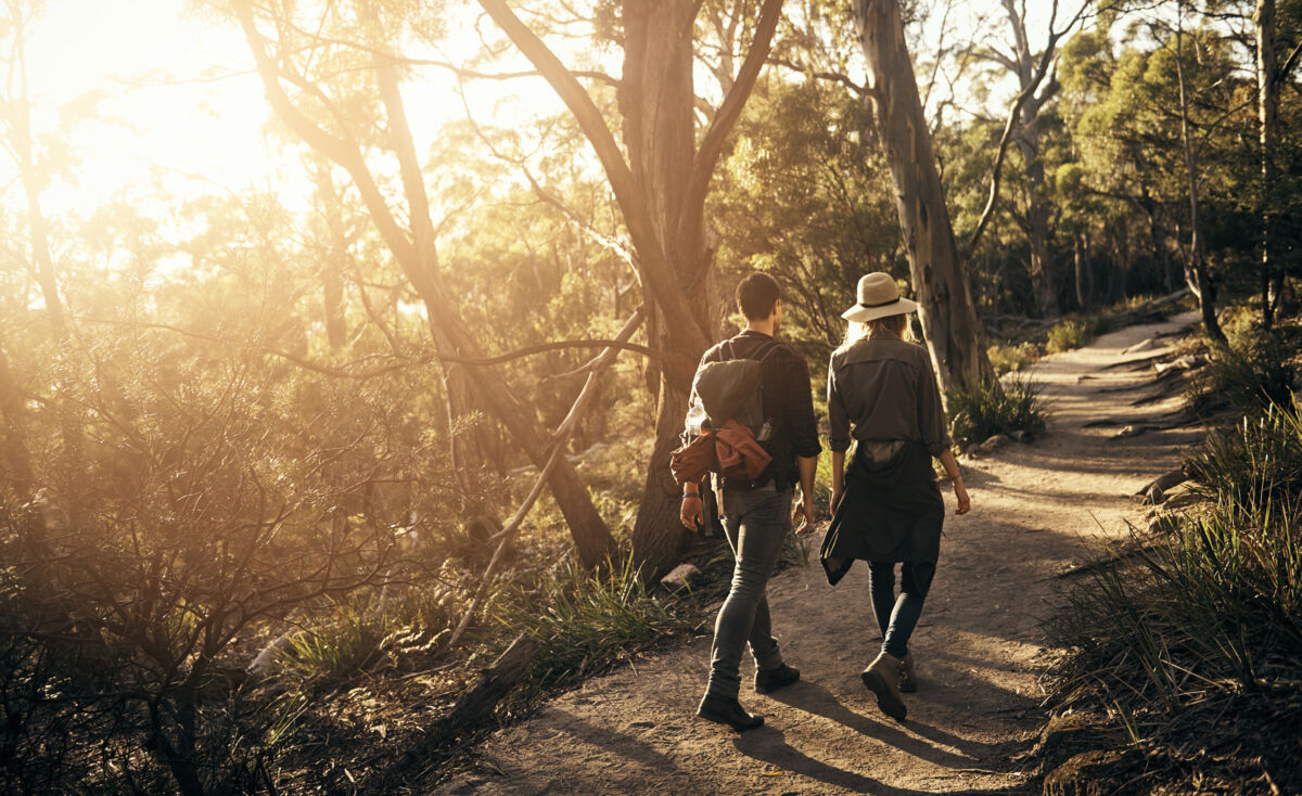 Couple walking along a path in the woods