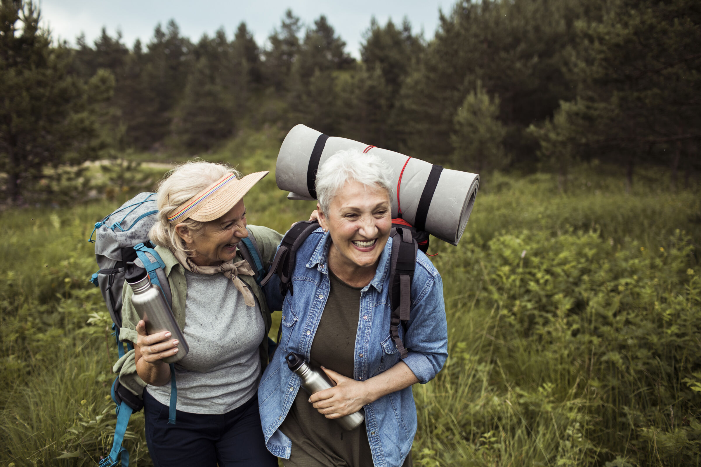 Senior women hiking off-trail