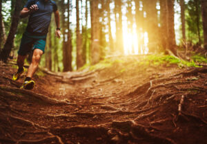 Jogging on a trail, closeup on trail