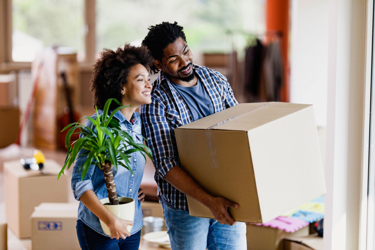 Couple carrying a box and a plant