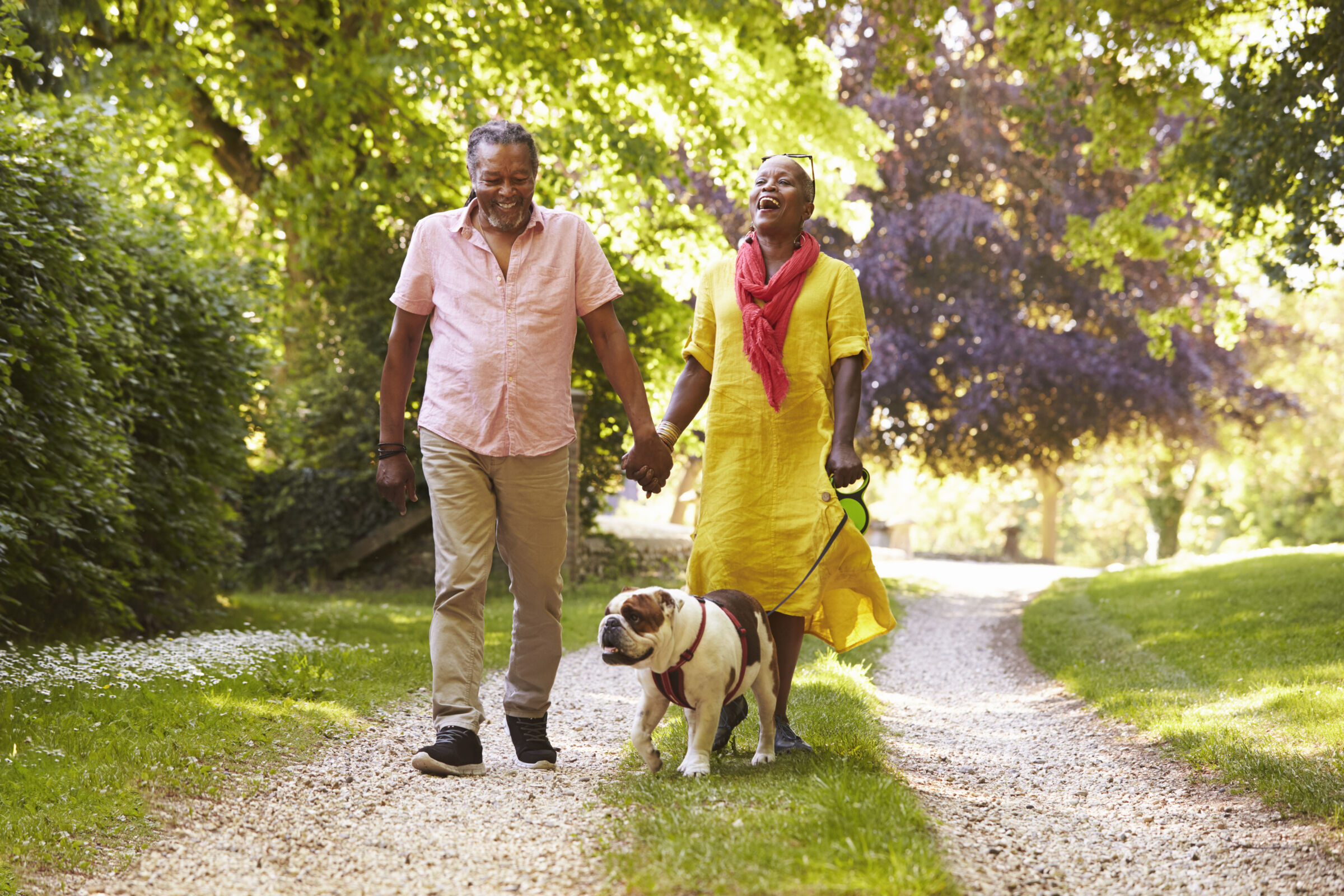 Couple walking their dog in a park