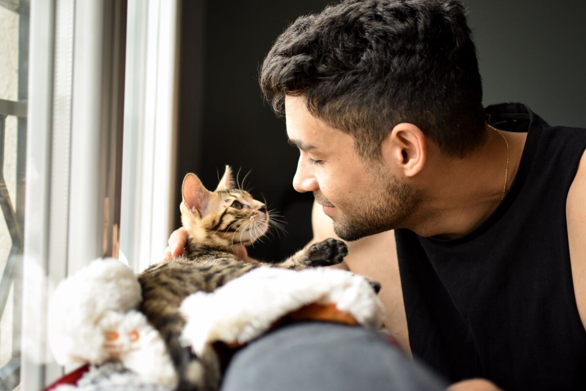 Man being affectionate with a kitten