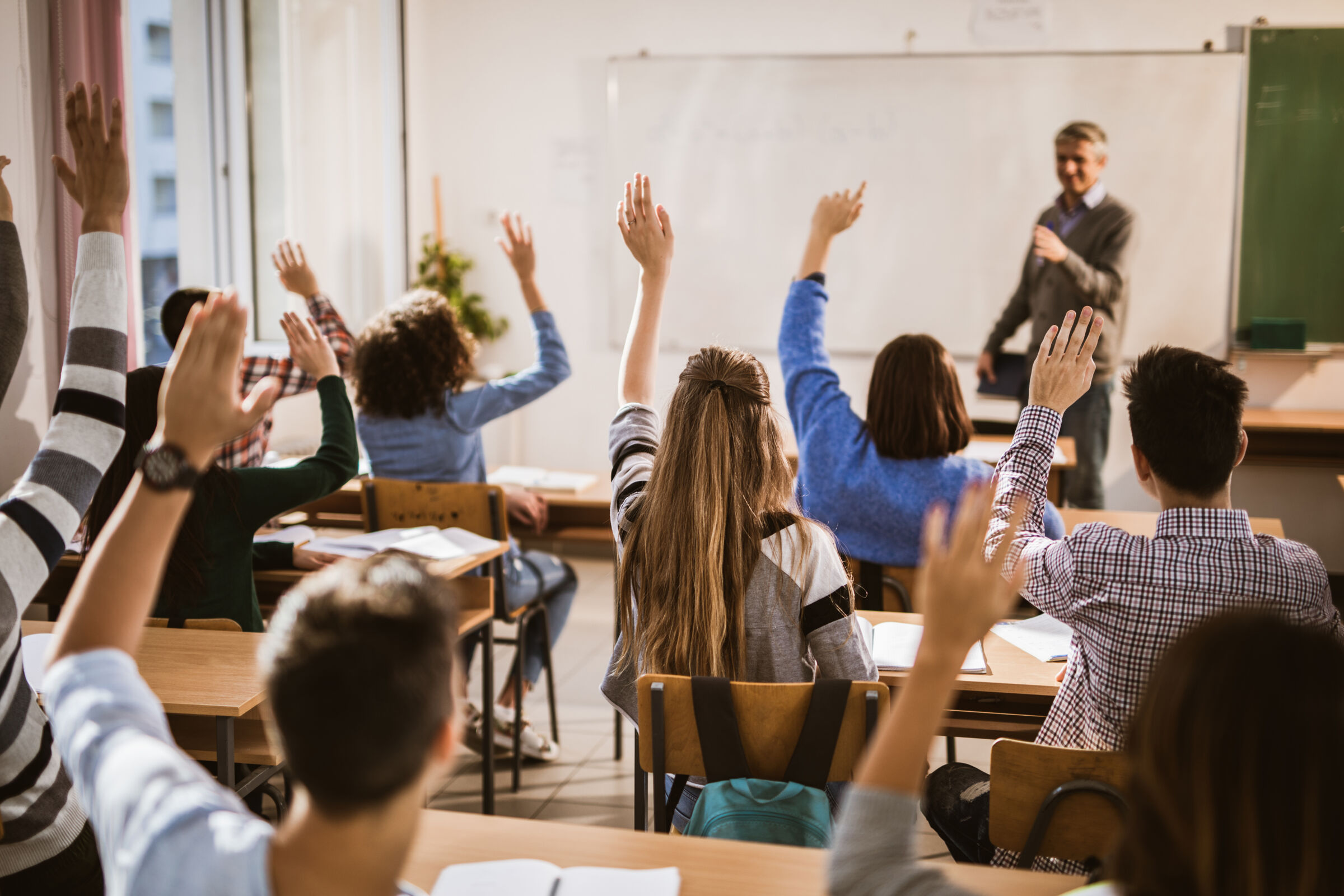Students raising their hands in a classroom