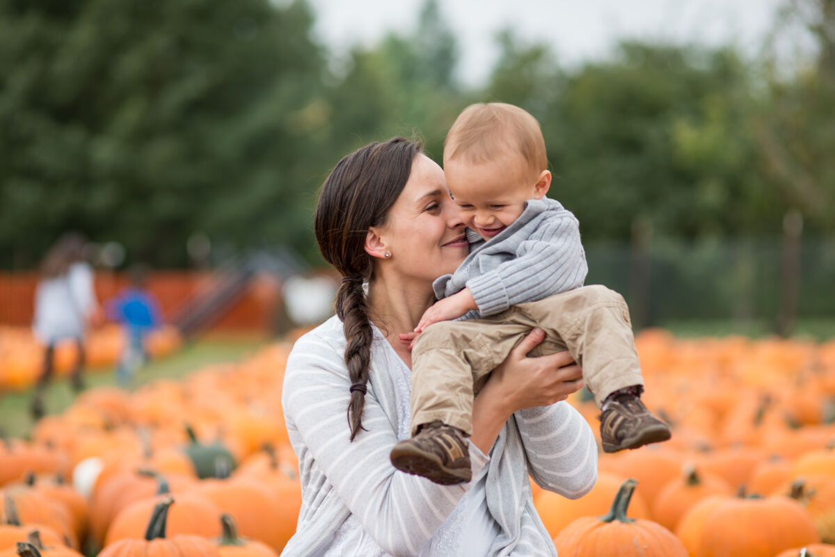 Mom and Son at Pumpkin Patch