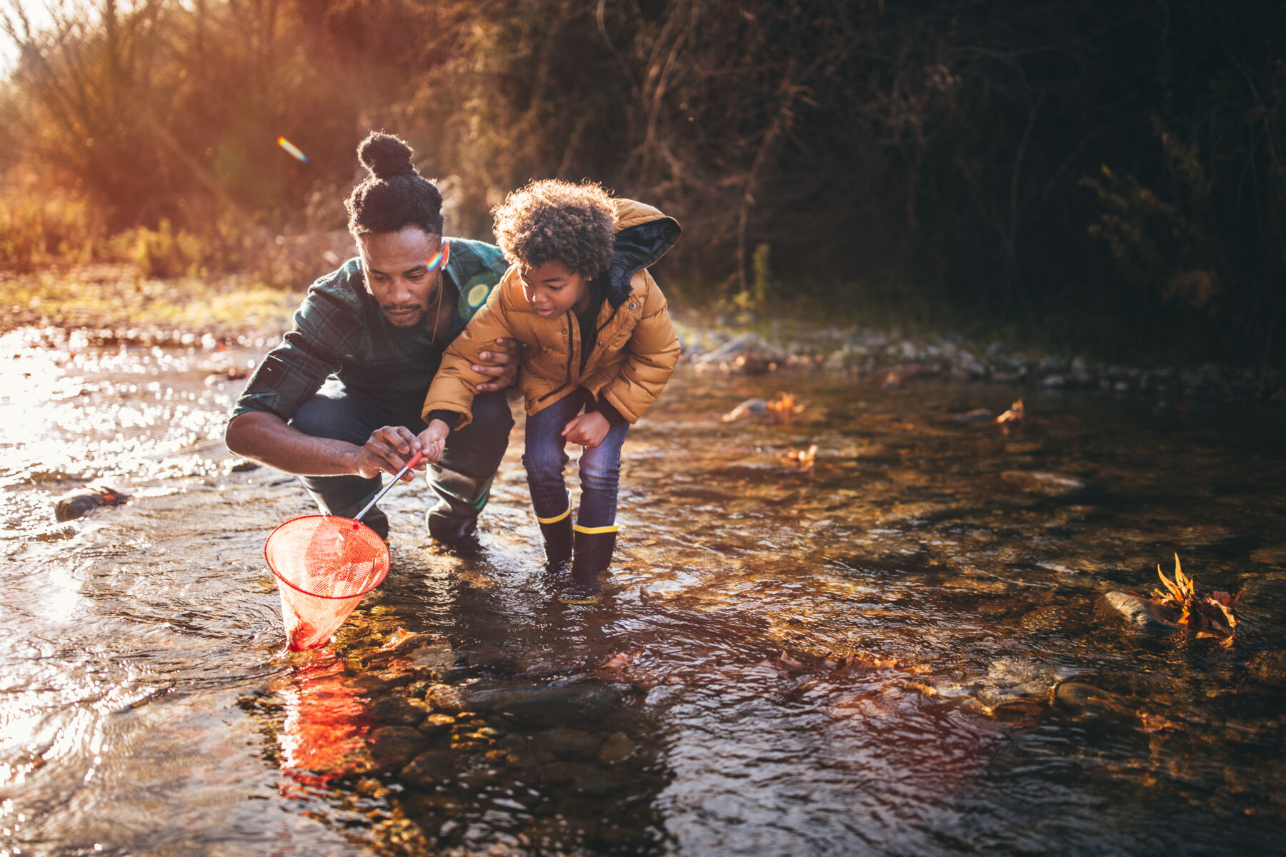 Father and son in stream