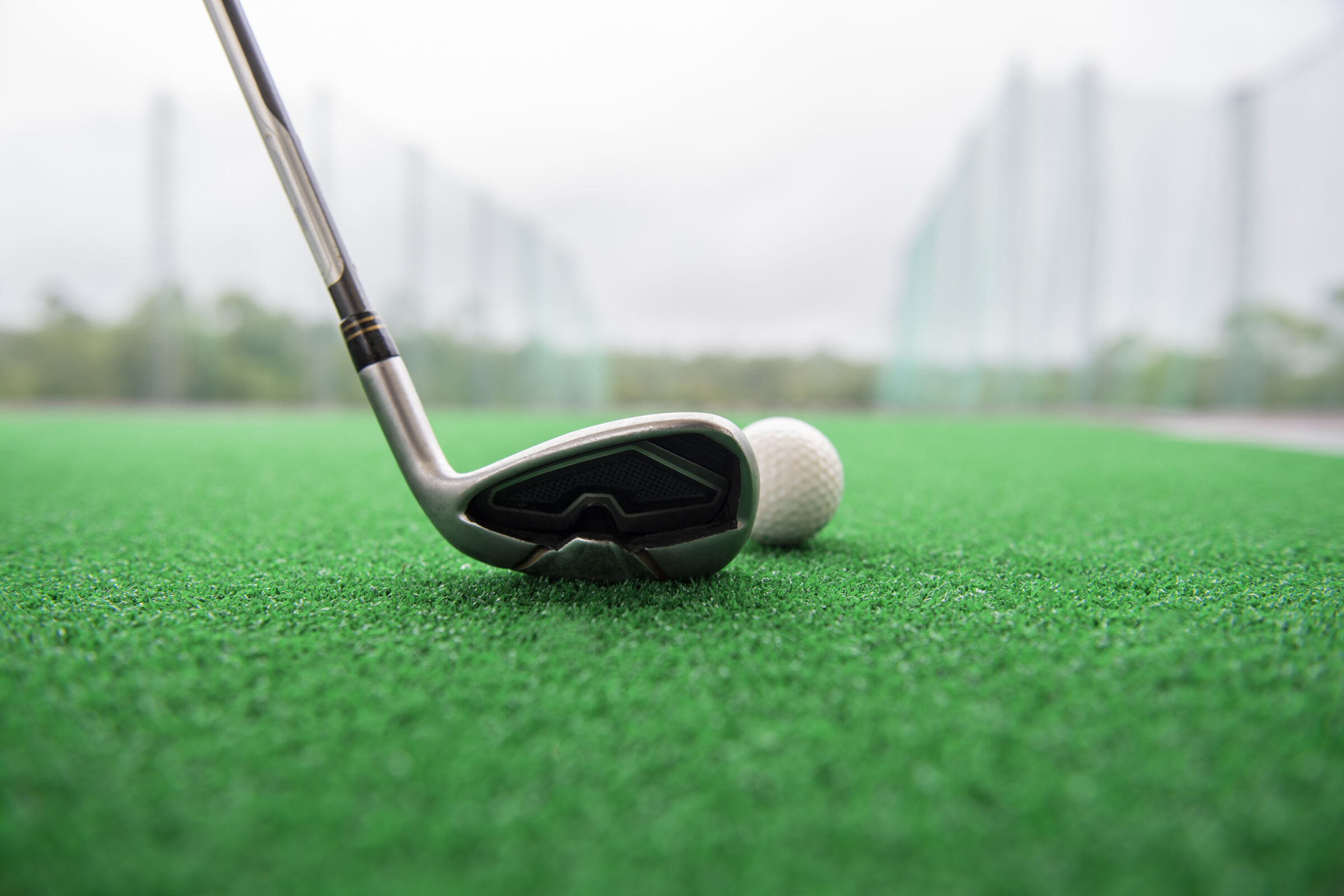 Golf club and ball on turf